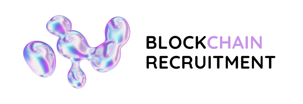 Visual banner for blockchain recruitment featuring the words "chain" in purple and "block" and "RECRUITMENT" in black, alongside a glossy, abstract 3D shape in swirling iridescent tones of purple, blue, and pink, symbolizing regulation, precision, and the evolving crypto hiring landscape.