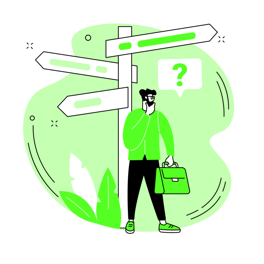 An illustration of a person standing at a crossroads with multiple signposts, looking thoughtful with a question mark above their head. This represents someone seeking direction and guidance, symbolizing the concept of career mentorship for making pivotal professional decisions.