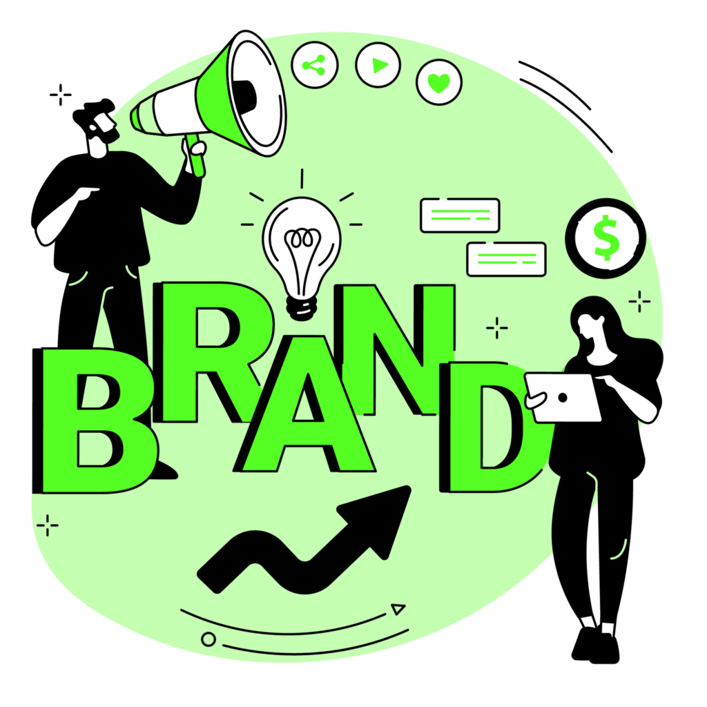 An illustration featuring two individuals, one with a megaphone and the other with a laptop, set against a backdrop with the word "BRAND" prominently displayed. The scene includes symbols of growth, ideas, communication, and financial success, representing the concept of personal branding.