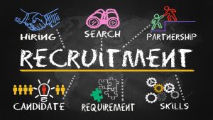 Illustration highlighting key elements of a recruitment agency, including hiring, search, partnership, candidates, requirements, and skills, with bold text 'RECRUITMENT' at the center.