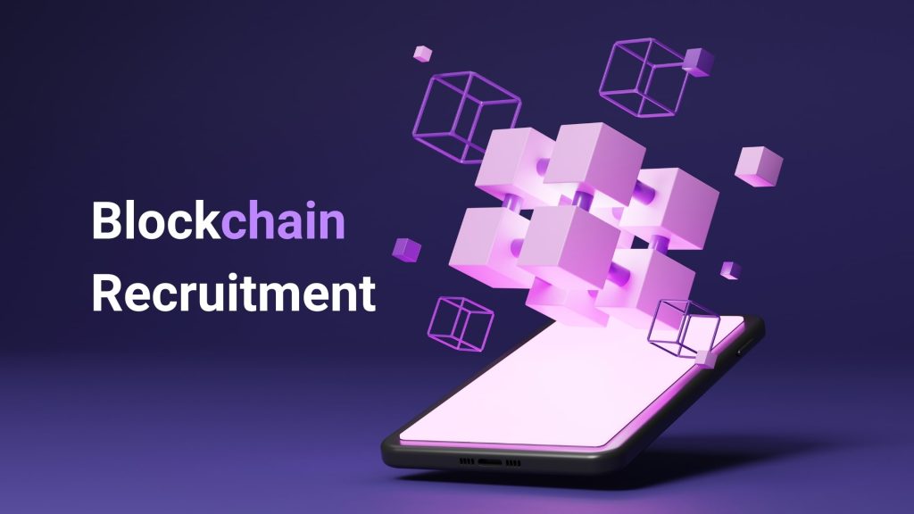 3D illustration of purple blockchain cubes emerging from a smartphone on a dark background, symbolizing innovation in blockchain recruitment agency services.