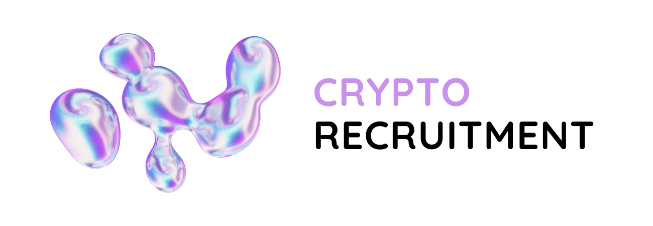 Visual banner for crypto recruitment featuring the word "CRYPTO" in purple and "RECRUITMENT" in black, alongside an abstract, glossy 3D shape in swirling iridescent colors like purple, blue, and pink, symbolizing the dynamic and futuristic nature of the crypto hiring space.