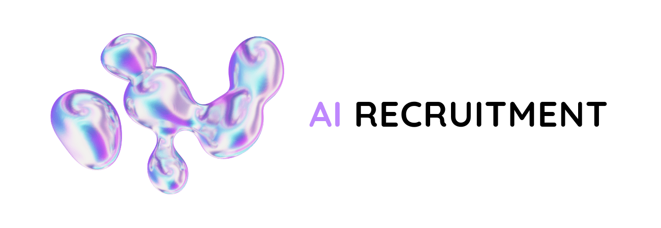 Visual banner for AI recruitment featuring the word "AI" in purple and "RECRUITMENT" in black, next to a fluid, futuristic 3D shape in iridescent shades of purple, blue, and pink, representing innovation and the evolving landscape of artificial intelligence hiring.