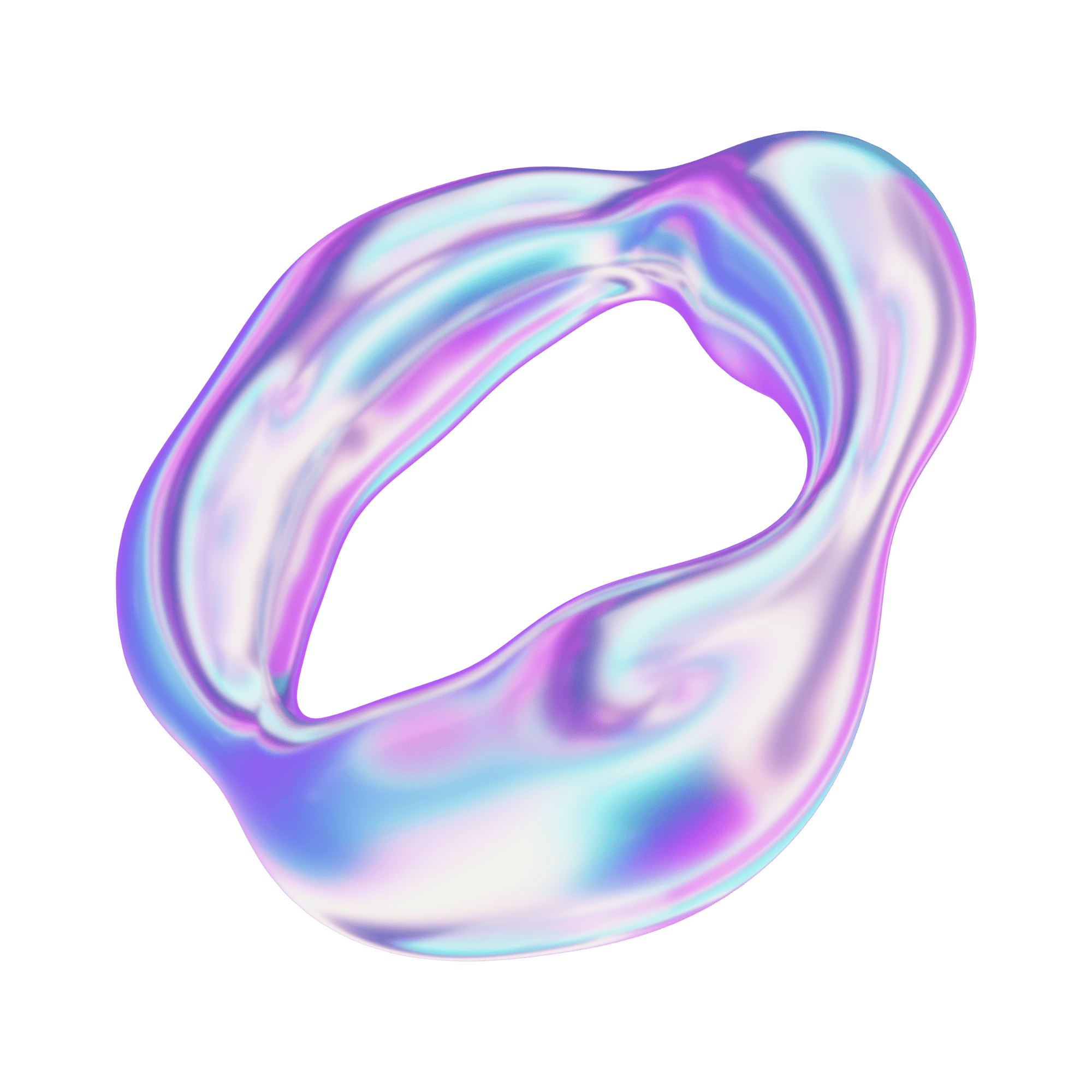Iridescent abstract 3D ring-like shape with a smooth, flowing surface in pastel shades of purple, blue, and pink, resembling a liquid or soft plastic form.