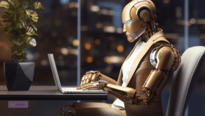 Golden humanoid robot in a business suit working on a laptop in a modern office, symbolizing the use of AI in recruitment and technology-driven hiring.