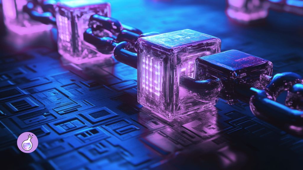 Blockchain recruitment services concept showing glowing interconnected blocks and chains on a digital circuit board with purple and blue lighting.