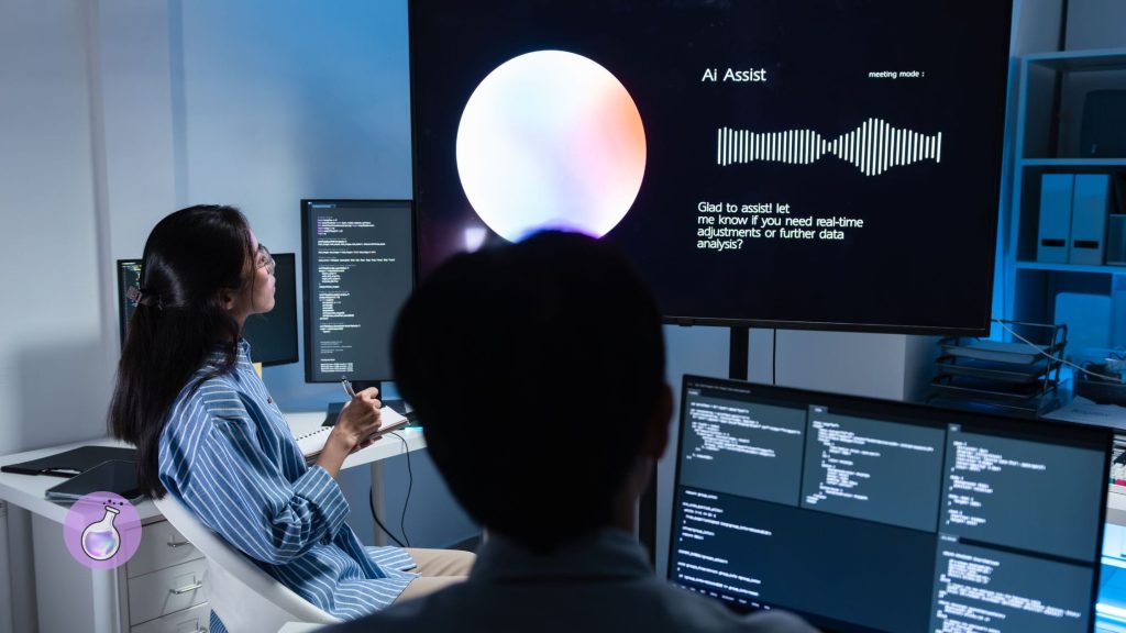 Two professionals in a tech office discussing hiring AI talent, with code on multiple screens and an AI assistant interface displayed on a large monitor.